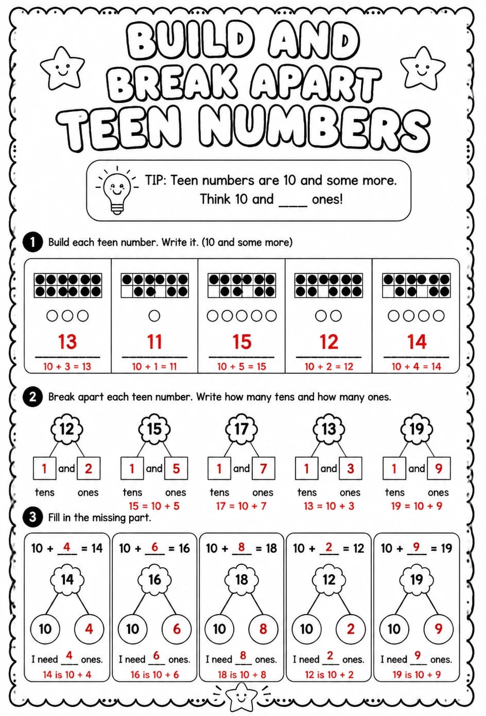 Answer key for Build and break apart teen numbers — free printable Math worksheet