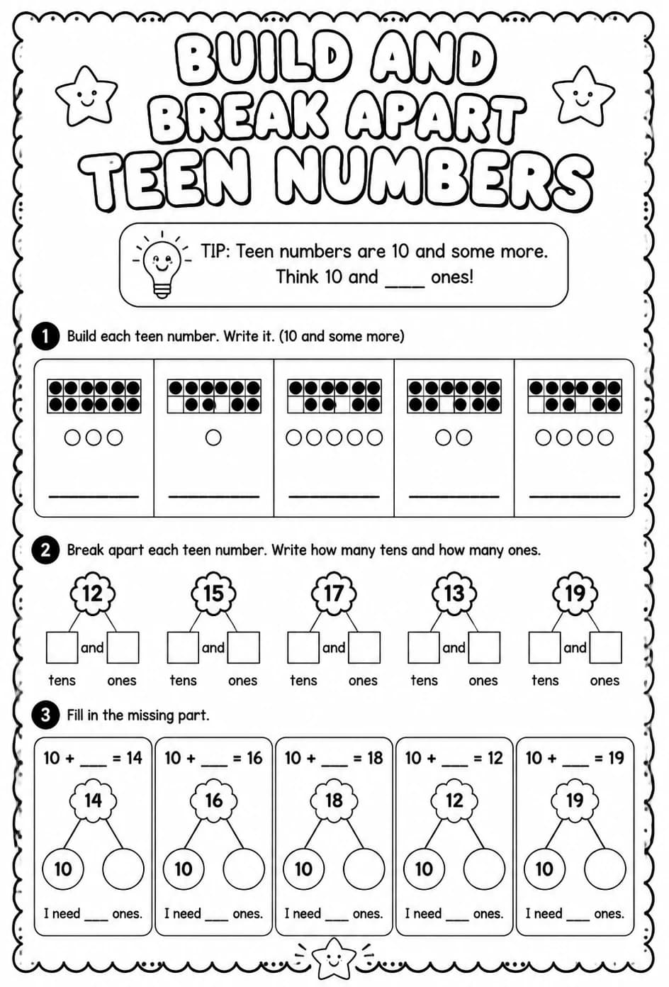 Build and break apart teen numbers — free printable Grade 1 math worksheet