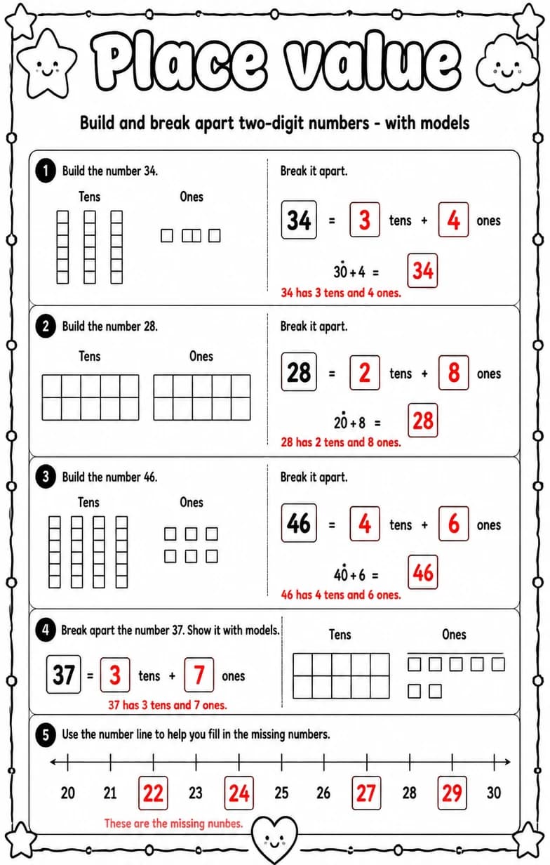 Answer key for Build and break apart two-digit numbers - with models — free printable Math worksheet