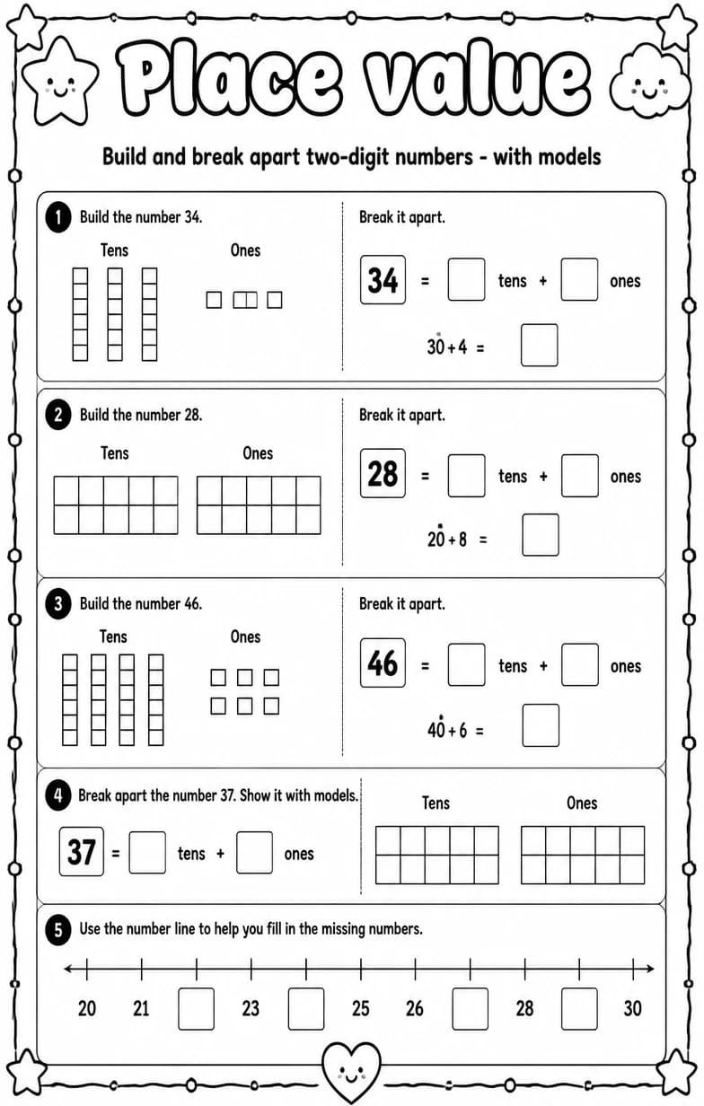 Build and break apart two-digit numbers - with models — free printable Grade 1 Math worksheet