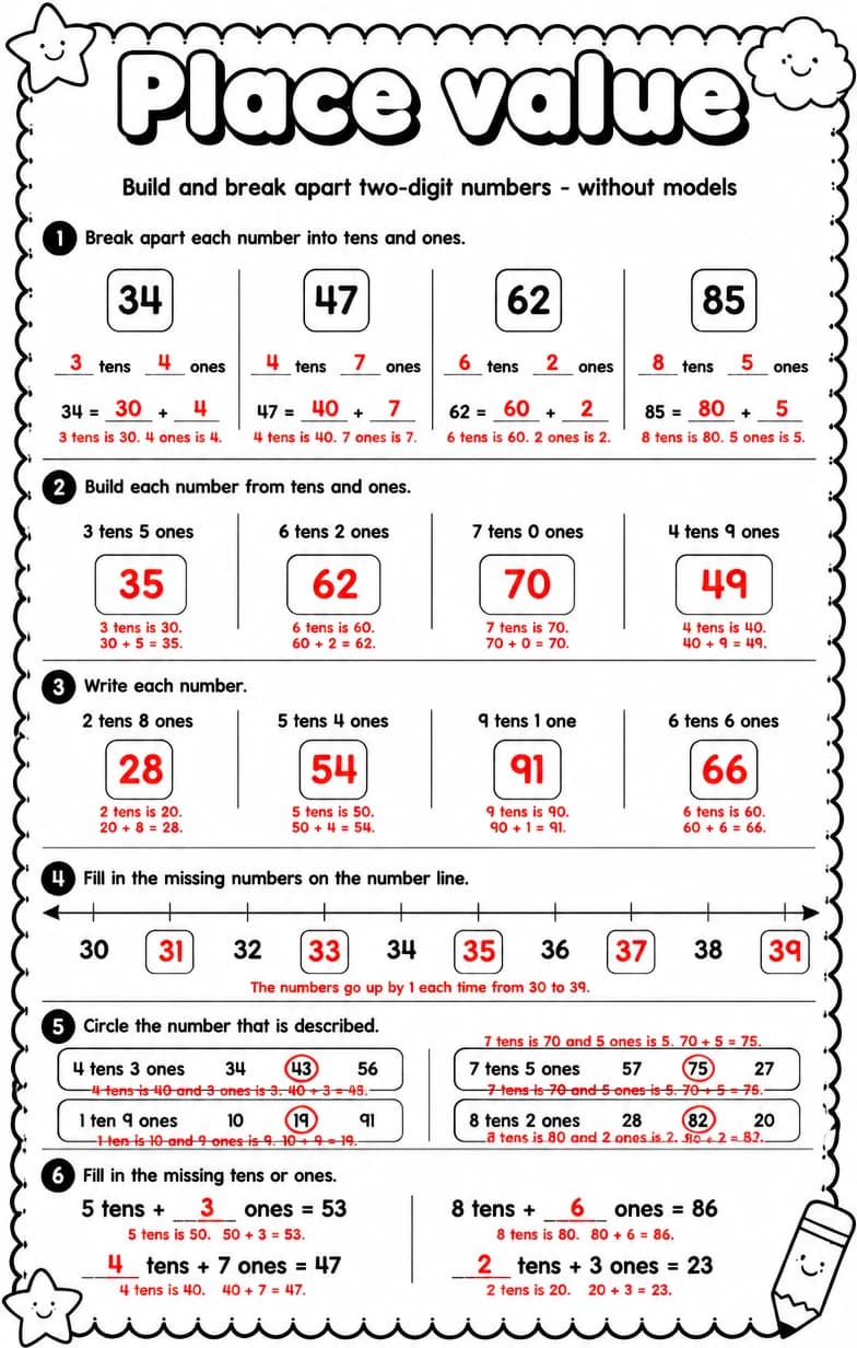 Answer key for Build and break apart two-digit numbers - without models — free printable Math worksheet