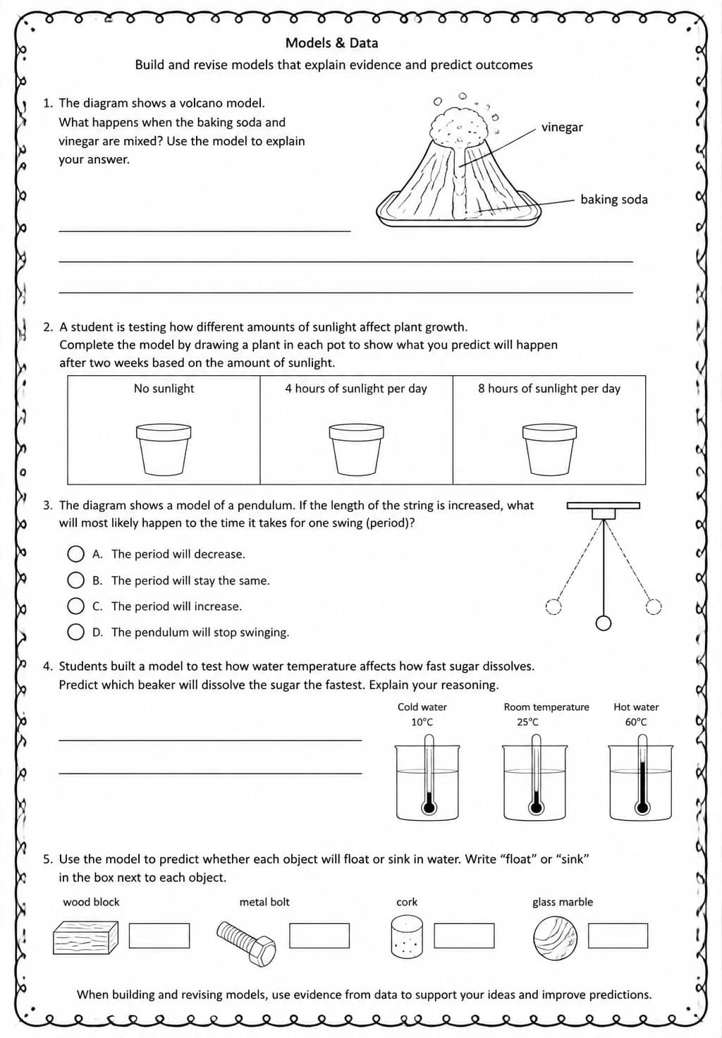Build and revise models that explain evidence and predict outcomes — free printable High School Science worksheet