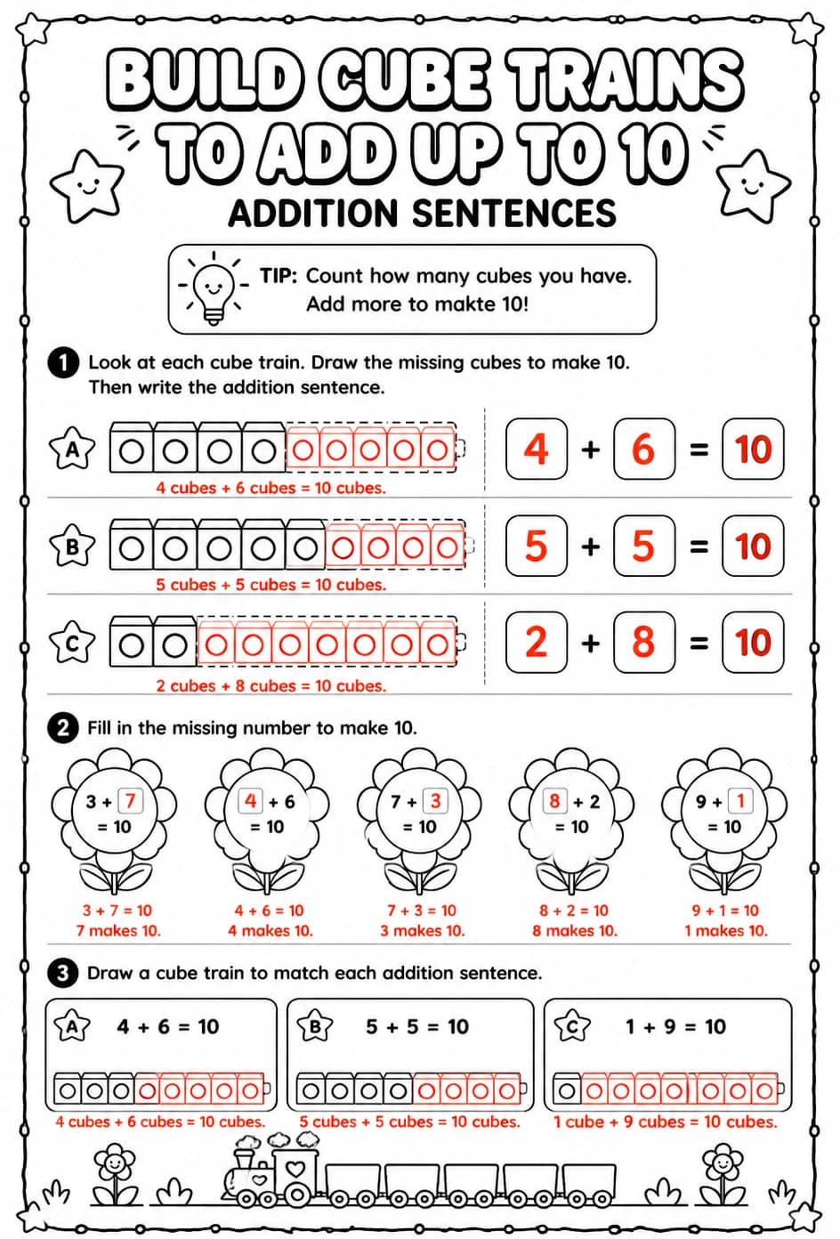 Answer key for Build cube trains to add up to 10 - addition sentences — free printable Math worksheet