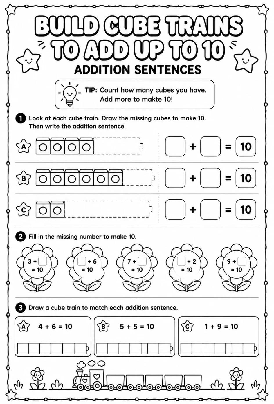 Build cube trains to add up to 10 - addition sentences — free printable Pre-K math worksheet