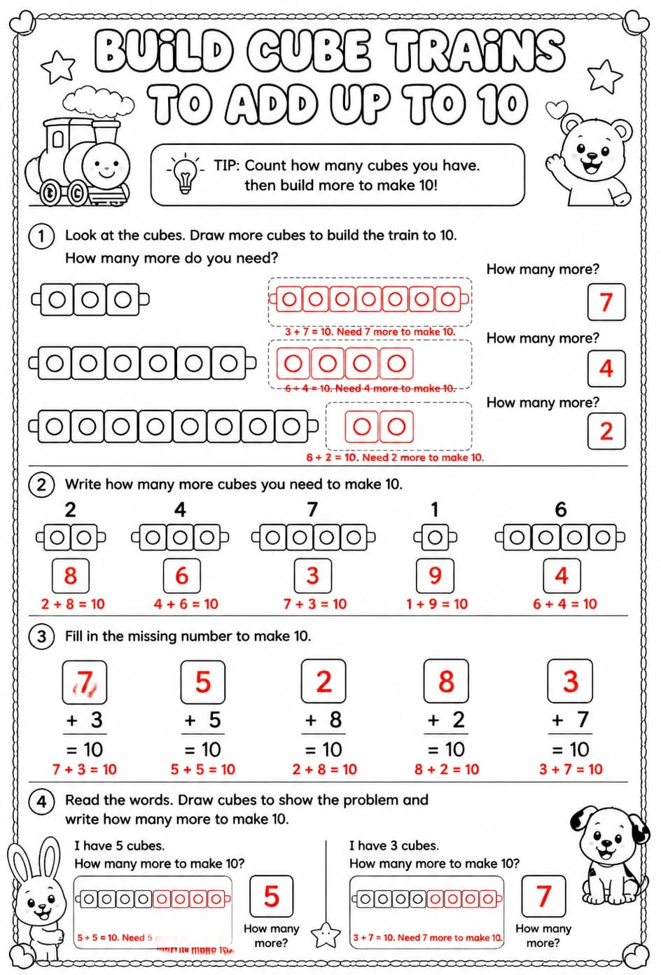 Answer key for Build cube trains to add up to 10 - words — free printable Math worksheet