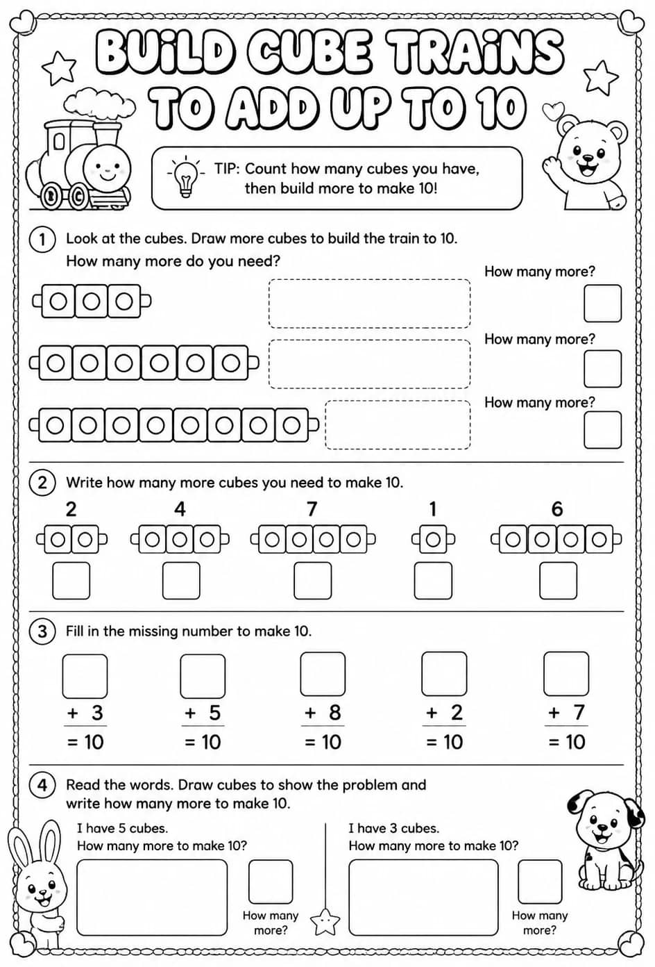 Build cube trains to add up to 10 - words — free printable Pre-K math worksheet