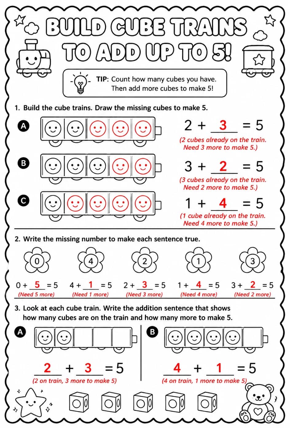 Answer key for Build cube trains to add up to 5 - addition sentences — free printable Math worksheet