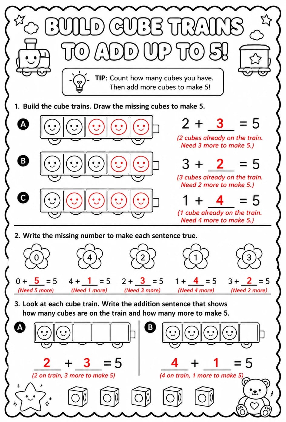Answer key for Build cube trains to add up to 5 - addition sentences — free printable Math worksheet
