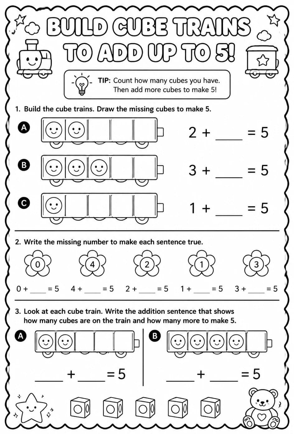 Build cube trains to add up to 5 - addition sentences