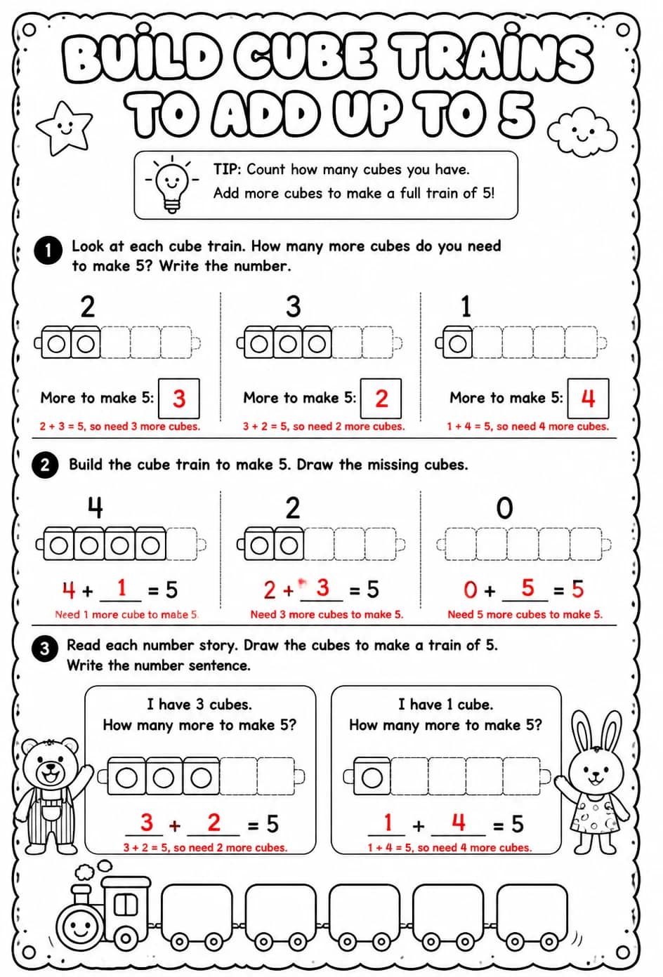 Answer key for Build cube trains to add up to 5 - words — free printable Math worksheet