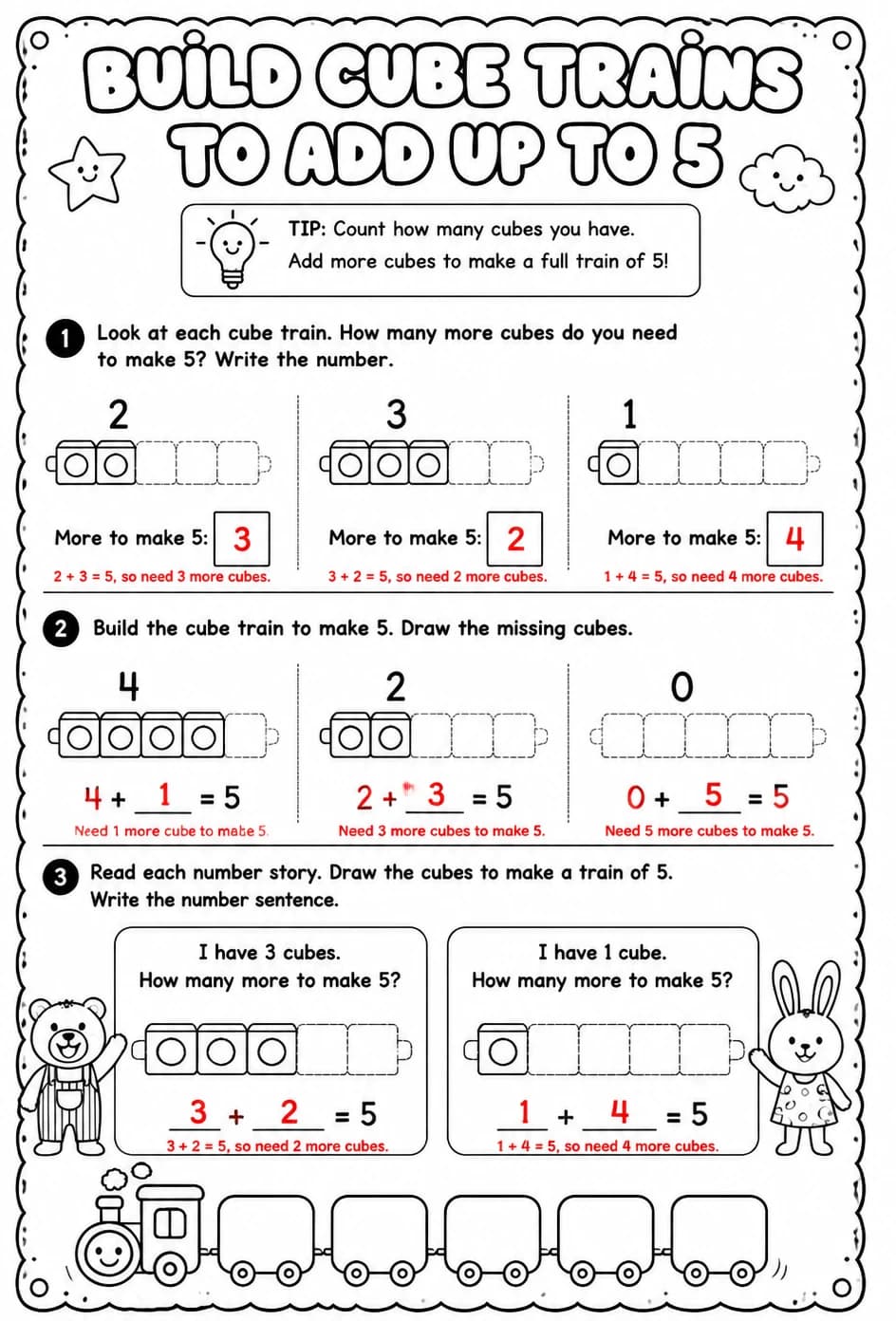 Answer key for Build cube trains to add up to 5 - words — free printable Math worksheet