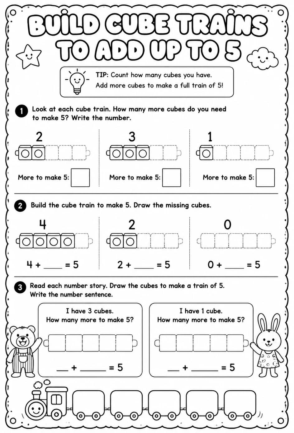 Build cube trains to add up to 5 - words — free printable Pre-K math worksheet