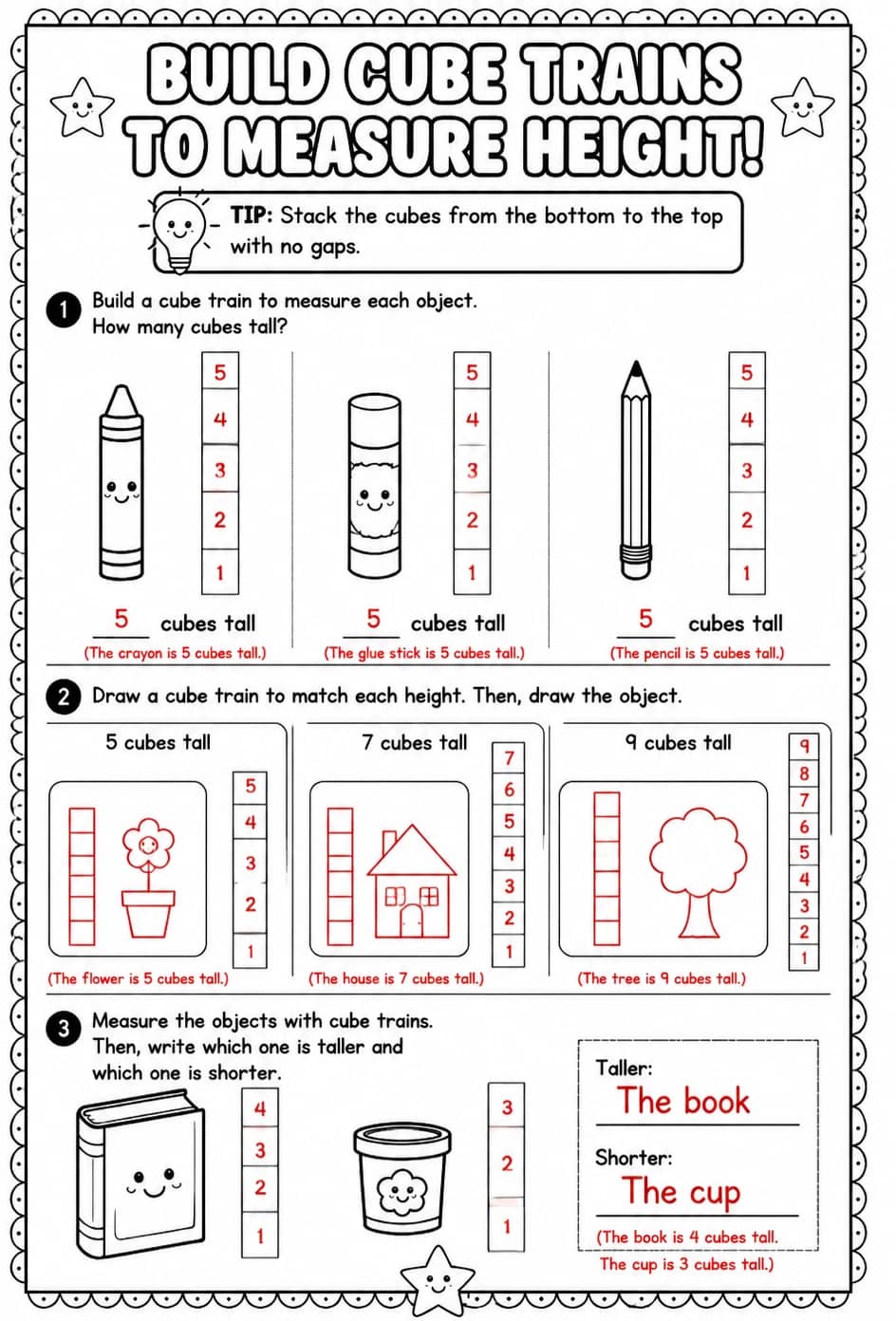 Answer key for Build cube trains to measure height — free printable Math worksheet