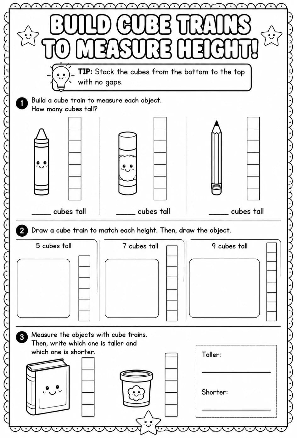 Build cube trains to measure height — free printable Grade 1 math worksheet