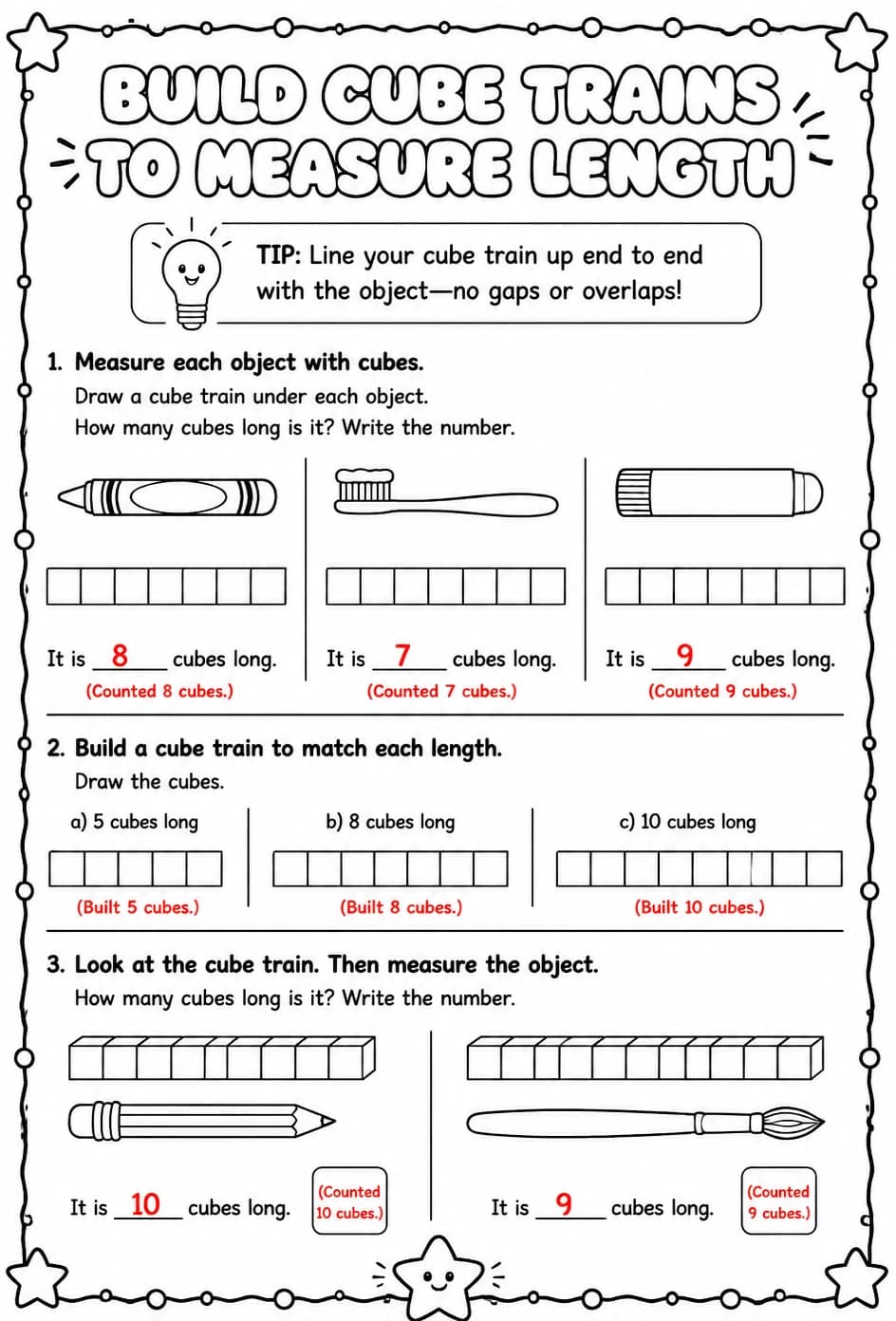 Answer key for Build cube trains to measure length — free printable Math worksheet