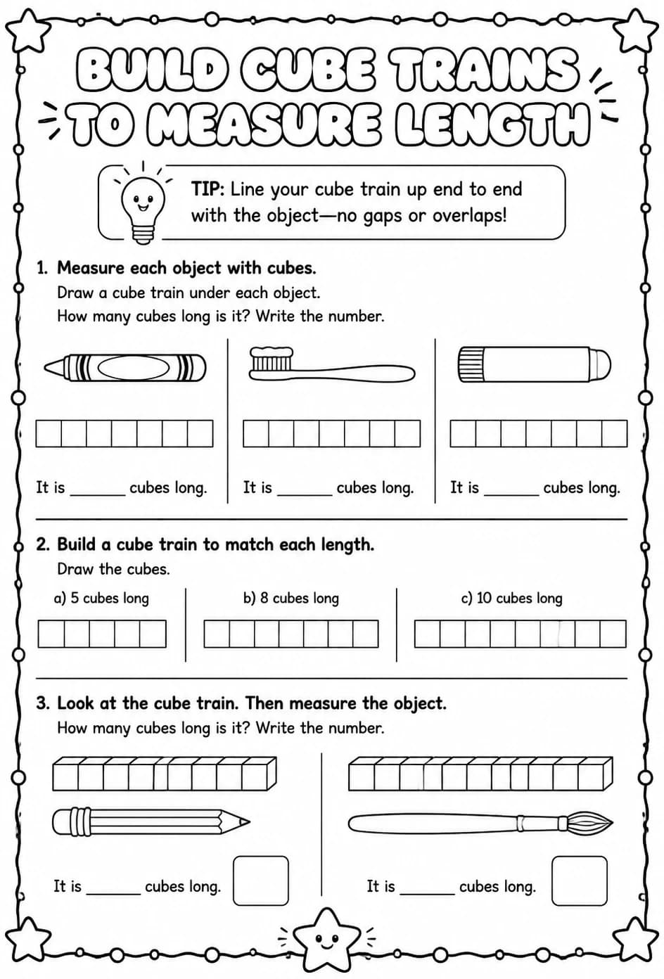Build cube trains to measure length — free printable Grade 1 math worksheet