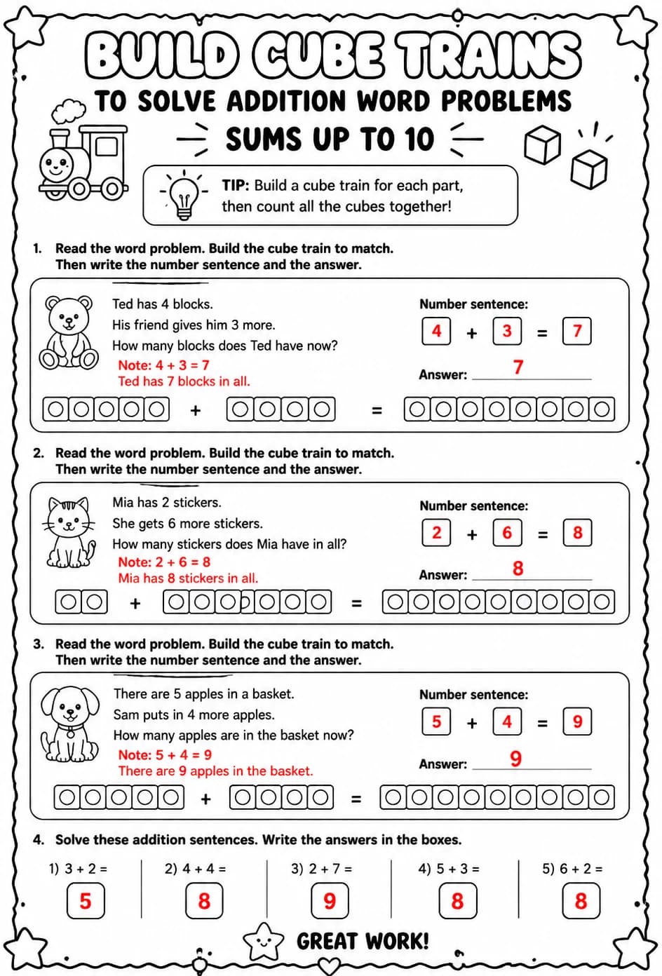 Answer key for Build cube trains to solve addition word problems - sums up to 10 — free printable Math worksheet