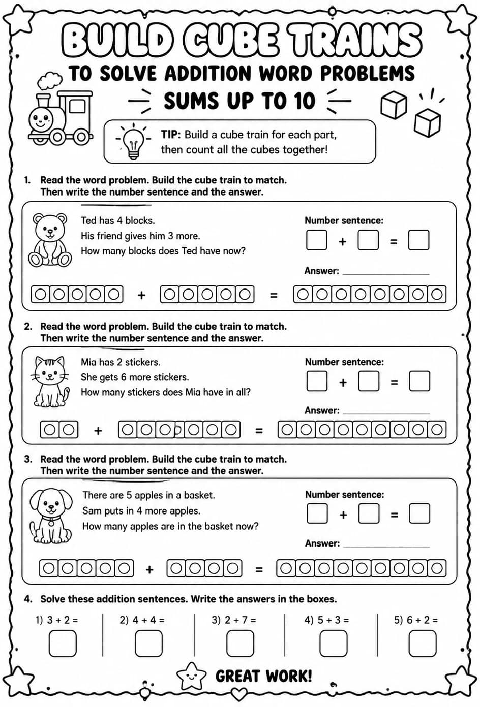 Build cube trains to solve addition word problems - sums up to 10 — free printable Grade 1 math worksheet