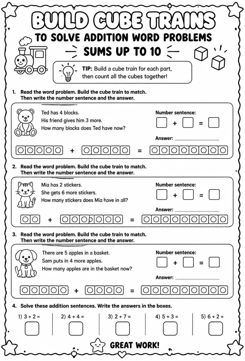 Build cube trains to solve addition word problems - sums up to 10 — free printable Grade 1 math worksheet