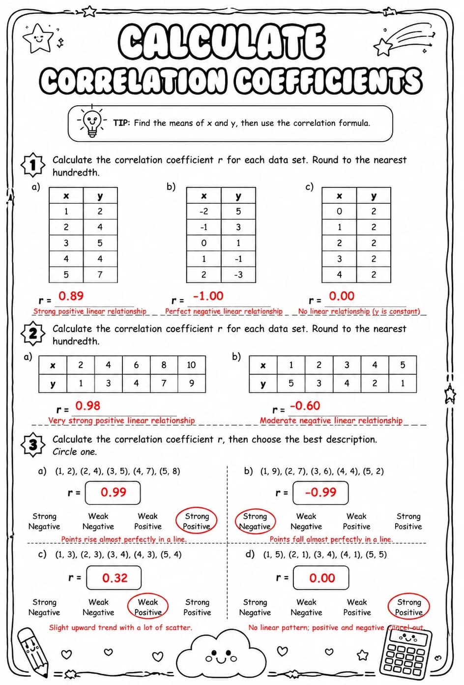 Answer key for Calculate correlation coefficients — free printable Math worksheet