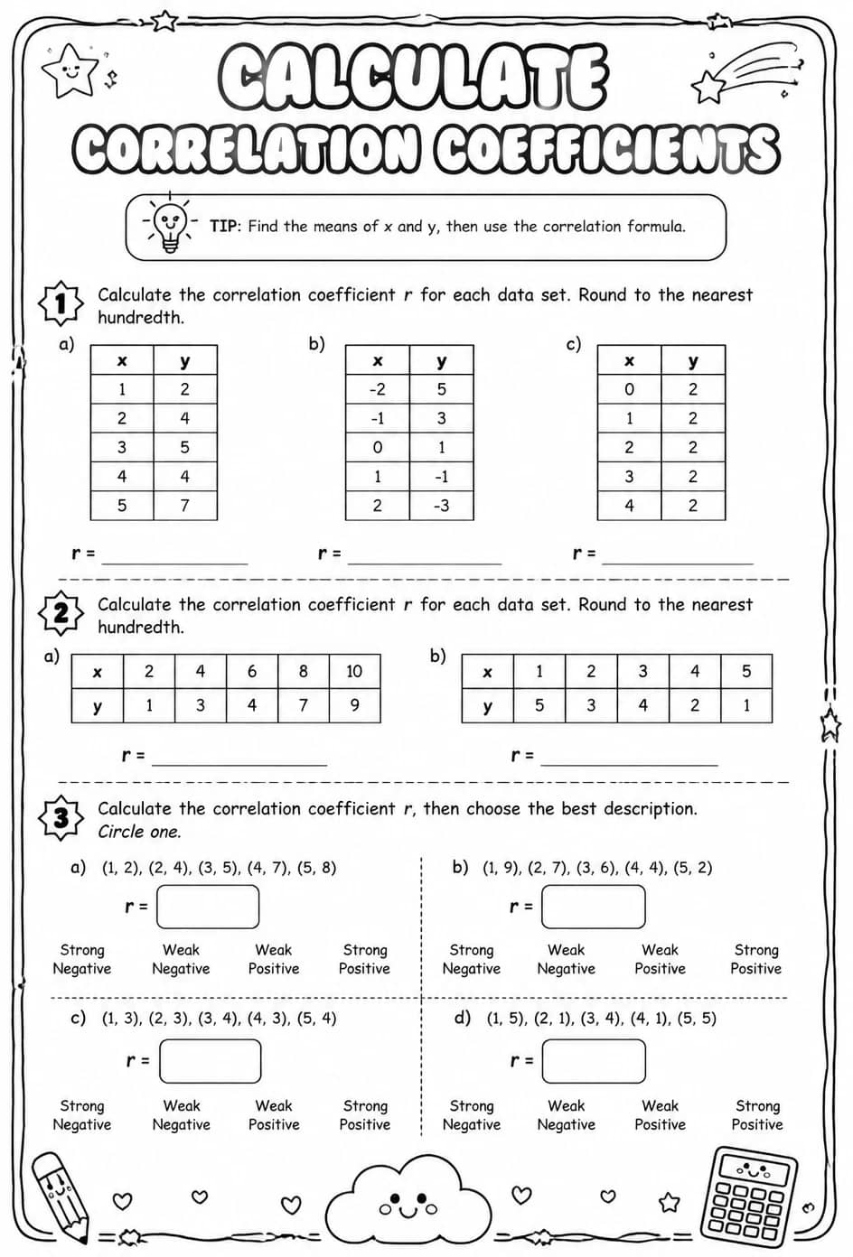 Calculate correlation coefficients — free printable Algebra 2 math worksheet