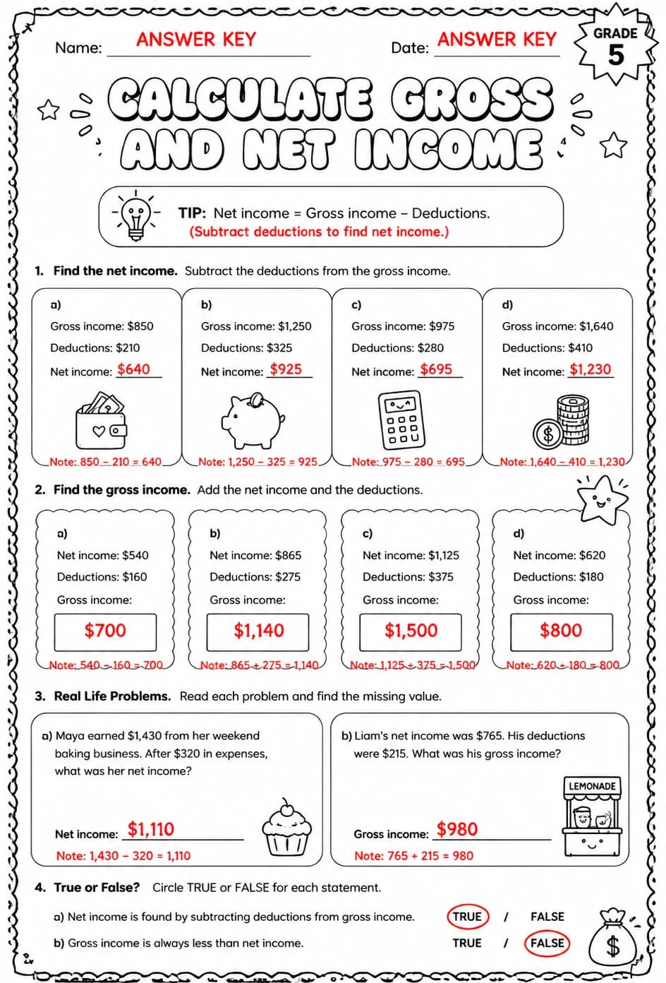 Answer key for Calculate gross and net income — free printable Math worksheet