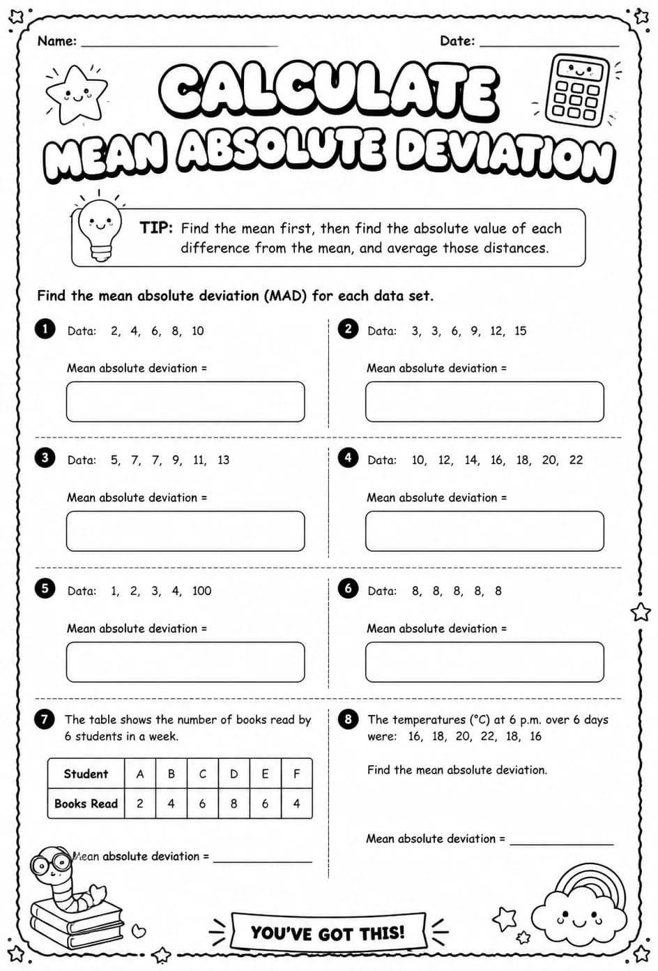 Calculate mean absolute deviation — free printable Grade 6 math worksheet