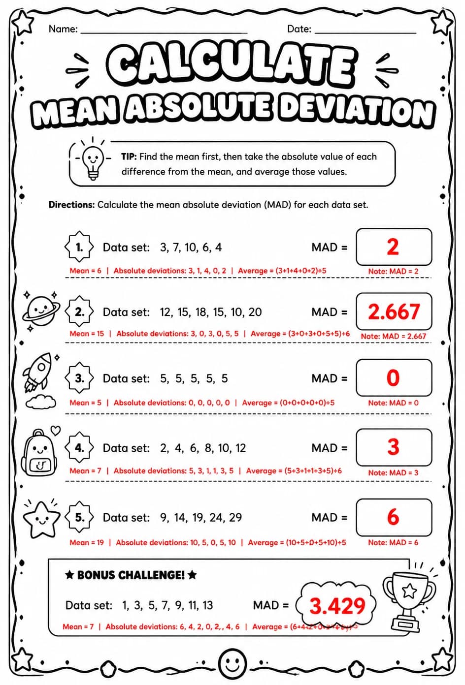 Answer key for Calculate mean absolute deviation — free printable Math worksheet