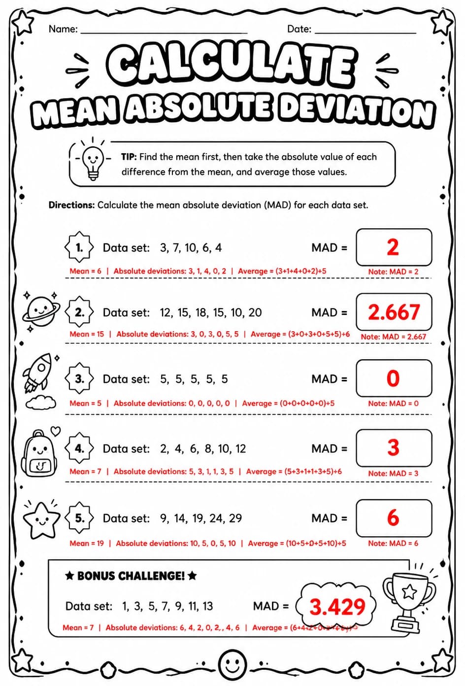 Answer key for Calculate mean absolute deviation — free printable Math worksheet