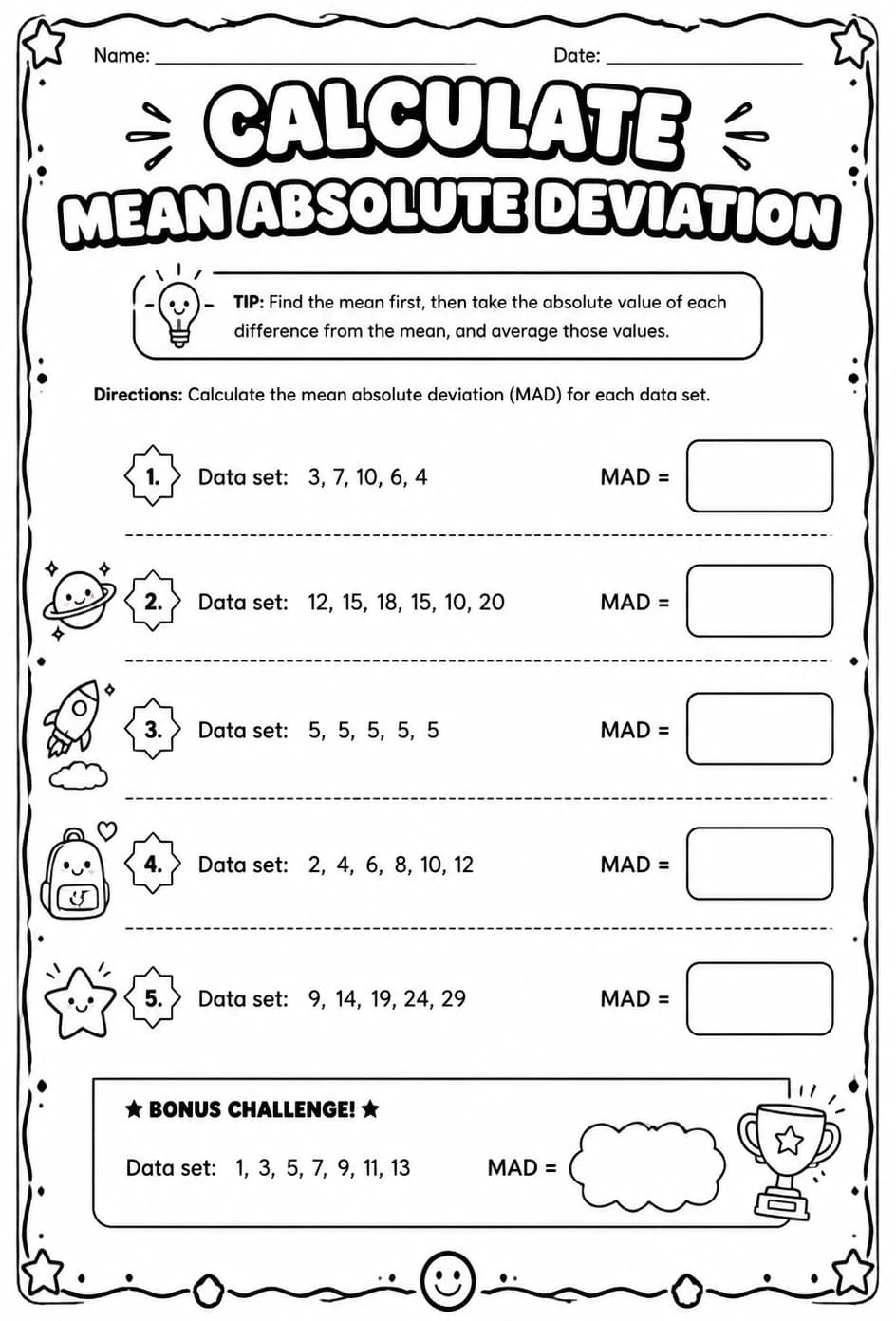 Calculate mean absolute deviation — free printable Grade 7 math worksheet