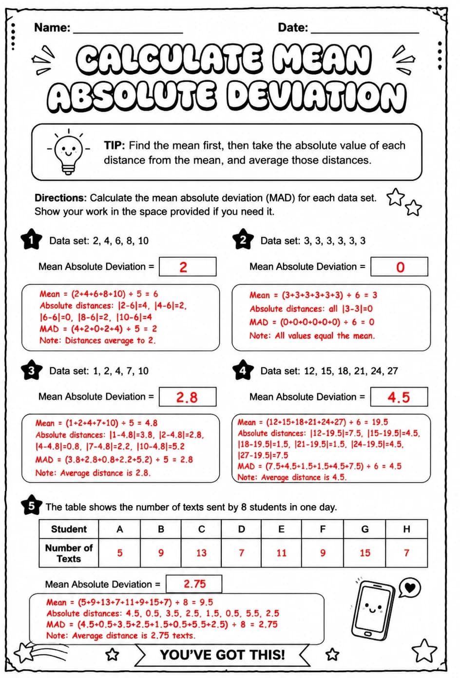 Answer key for Calculate mean absolute deviation — free printable Math worksheet