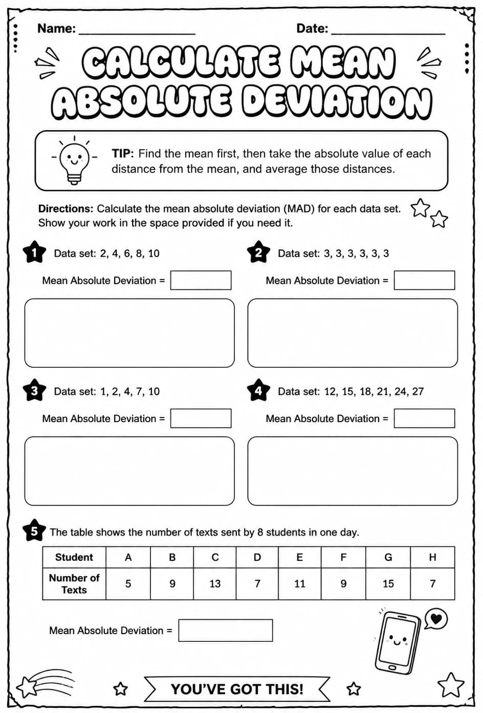 Calculate mean absolute deviation — free printable Grade 8 math worksheet