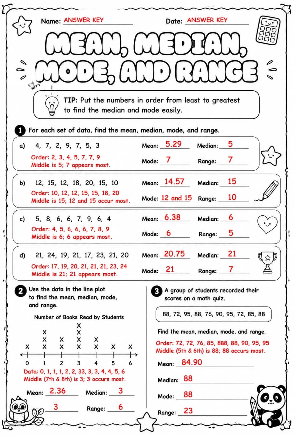 Answer key for Calculate mean, median, mode, and range — free printable Math worksheet