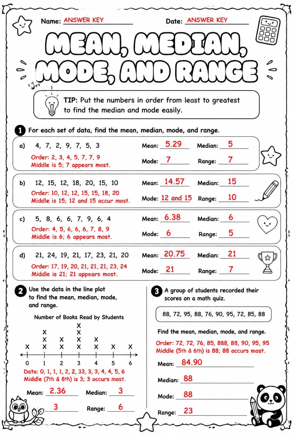 Answer key for Calculate mean, median, mode, and range — free printable Math worksheet
