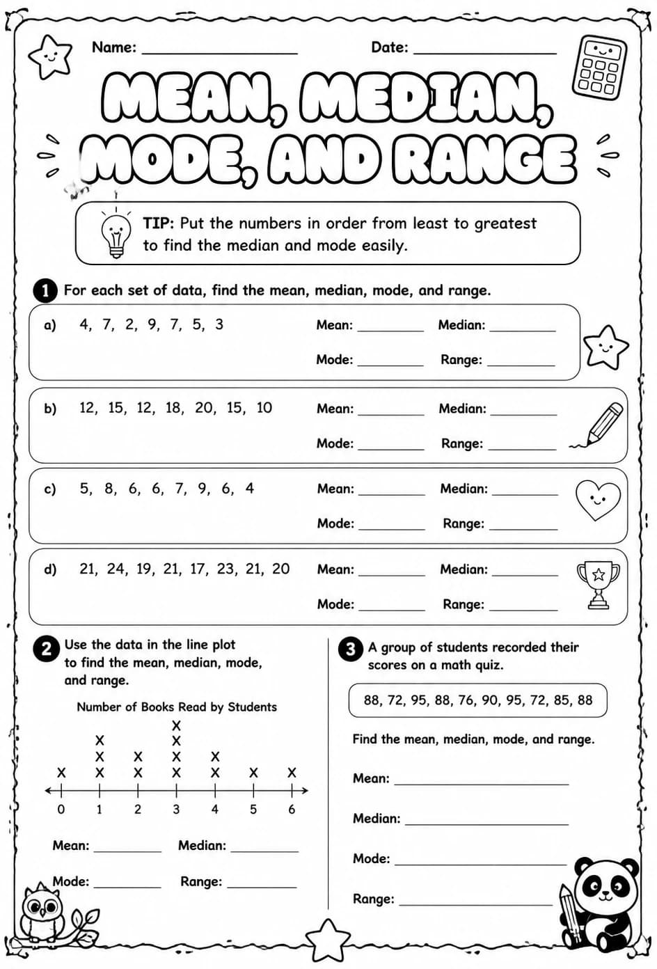 Calculate mean, median, mode, and range — free printable Grade 6 math worksheet