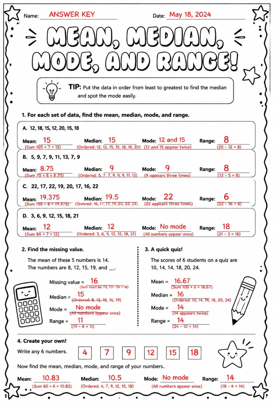 Answer key for Calculate mean, median, mode, and range — free printable Math worksheet
