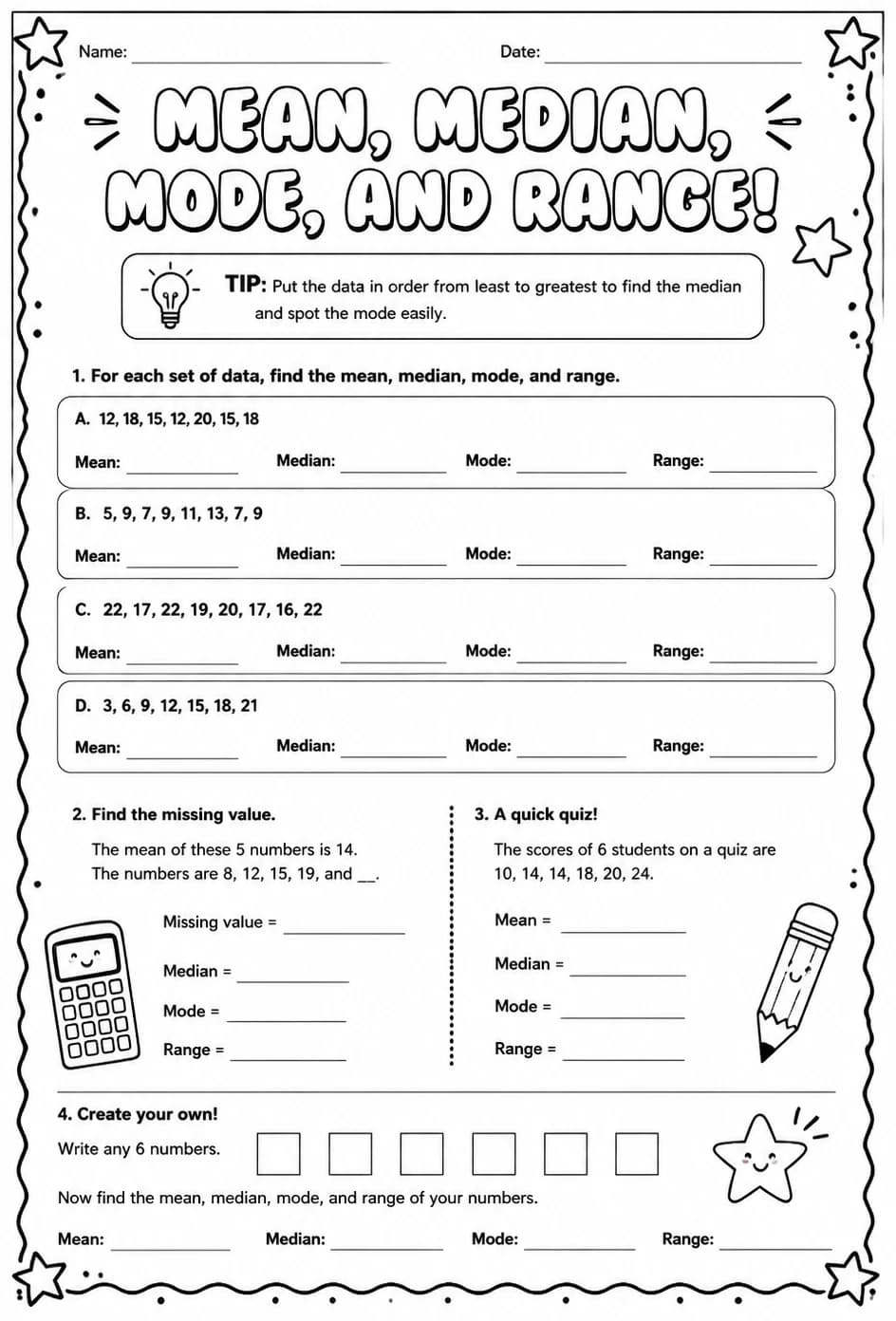 Calculate mean, median, mode, and range — free printable Grade 7 math worksheet
