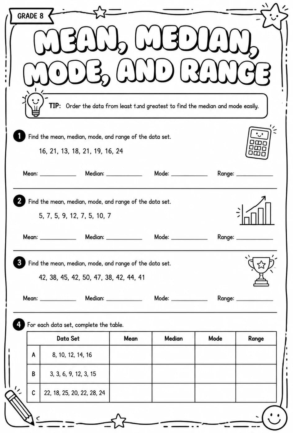 Calculate mean, median, mode, and range — free printable Grade 8 math worksheet