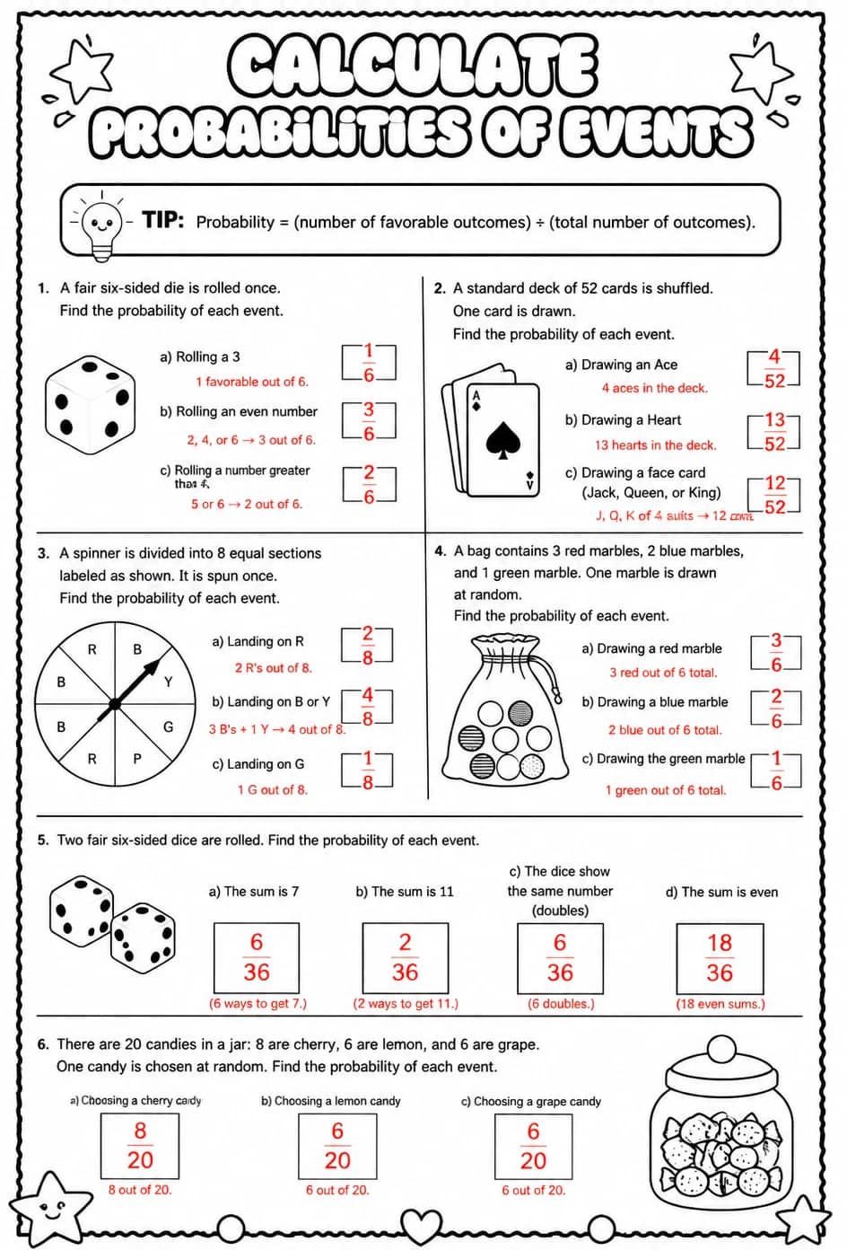 Answer key for Calculate probabilities of events — free printable Math worksheet