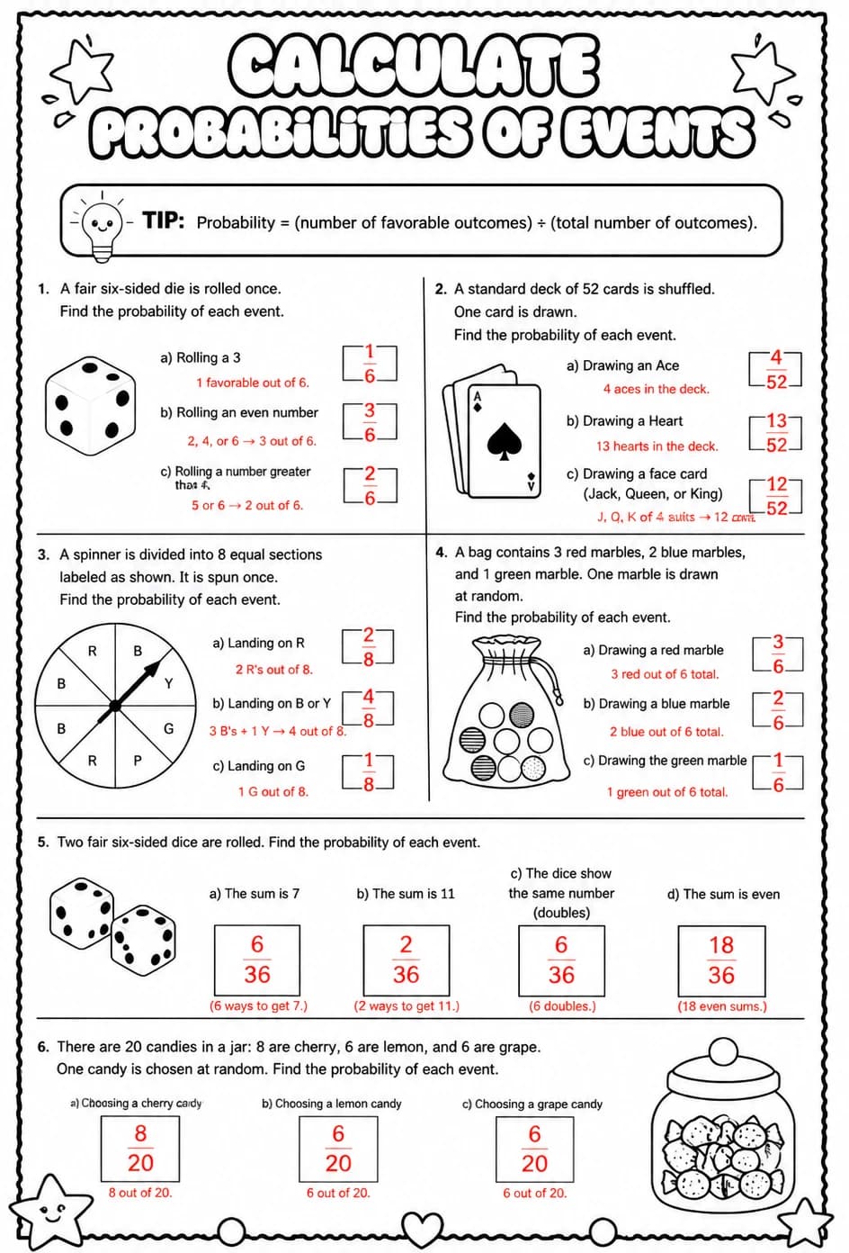 Answer key for Calculate probabilities of events — free printable Math worksheet