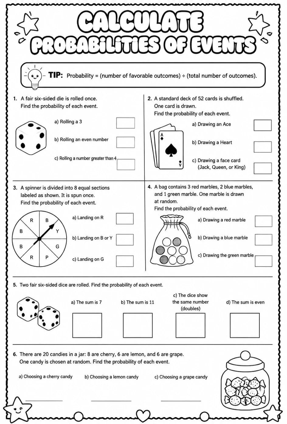 Calculate probabilities of events — free printable Algebra 2 math worksheet