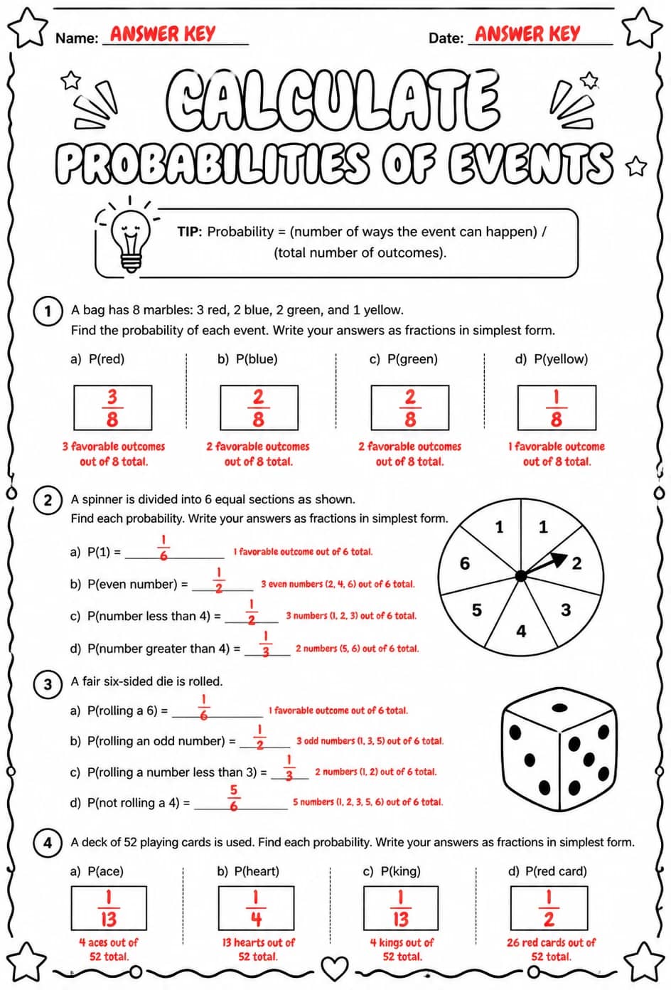 Answer key for Calculate probabilities of events — free printable Math worksheet