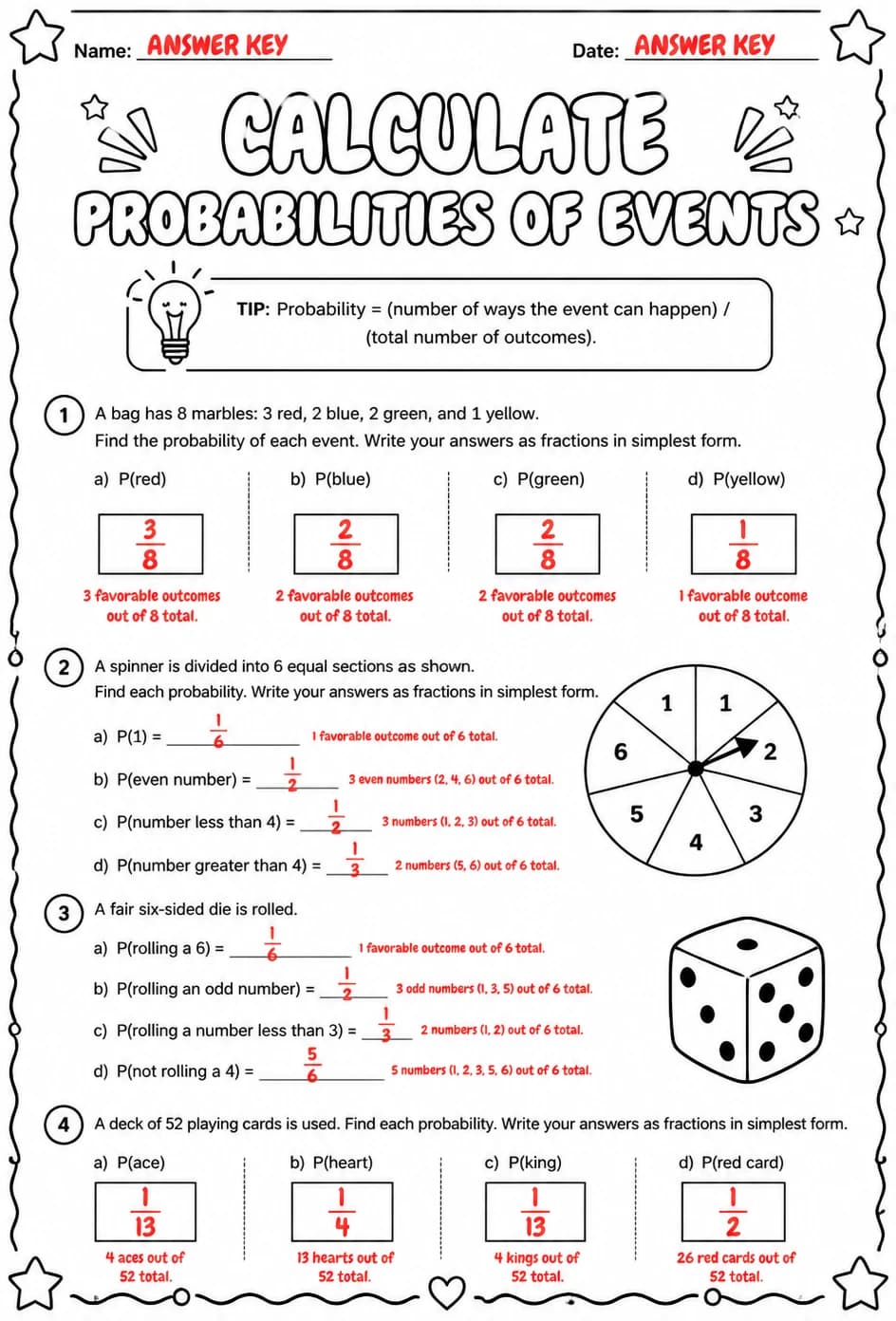 Answer key for Calculate probabilities of events — free printable Math worksheet