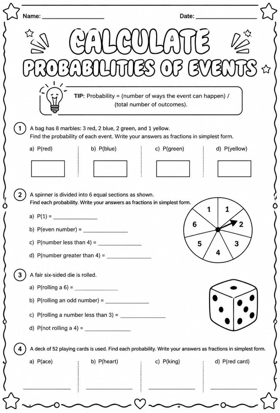 Calculate probabilities of events — free printable Precalculus math worksheet