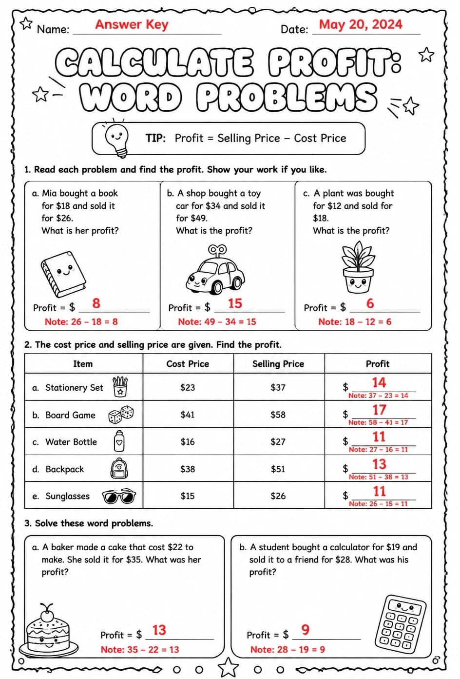 Answer key for Calculate profit: word problems — free printable Math worksheet