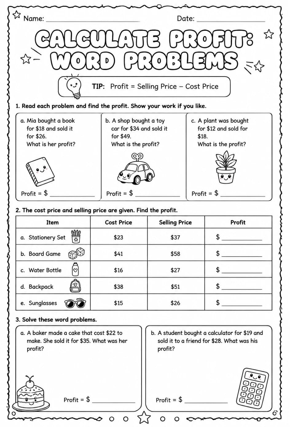Calculate profit: word problems — free printable Grade 4 math worksheet