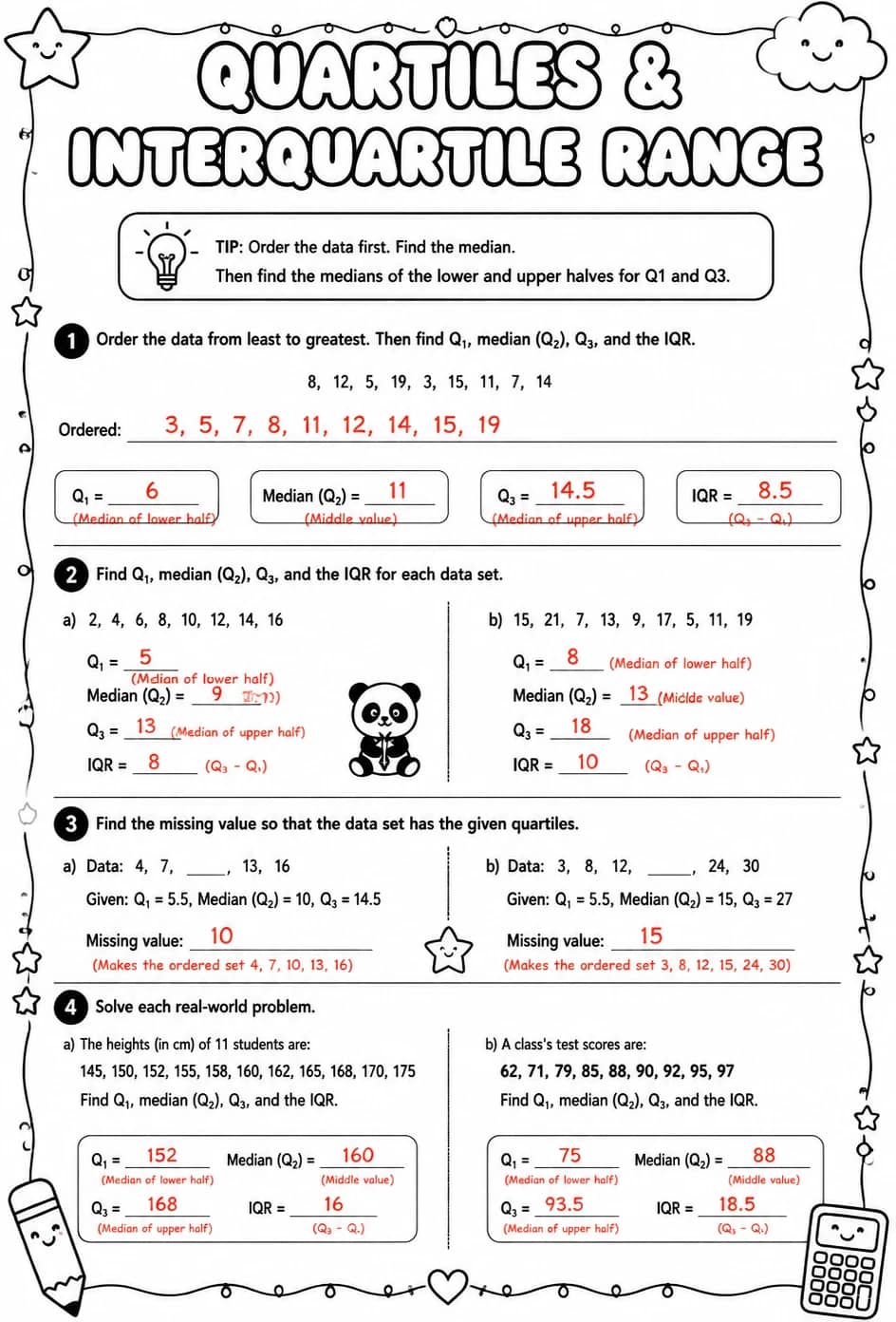 Answer key for Calculate quartiles and interquartile range — free printable Math worksheet