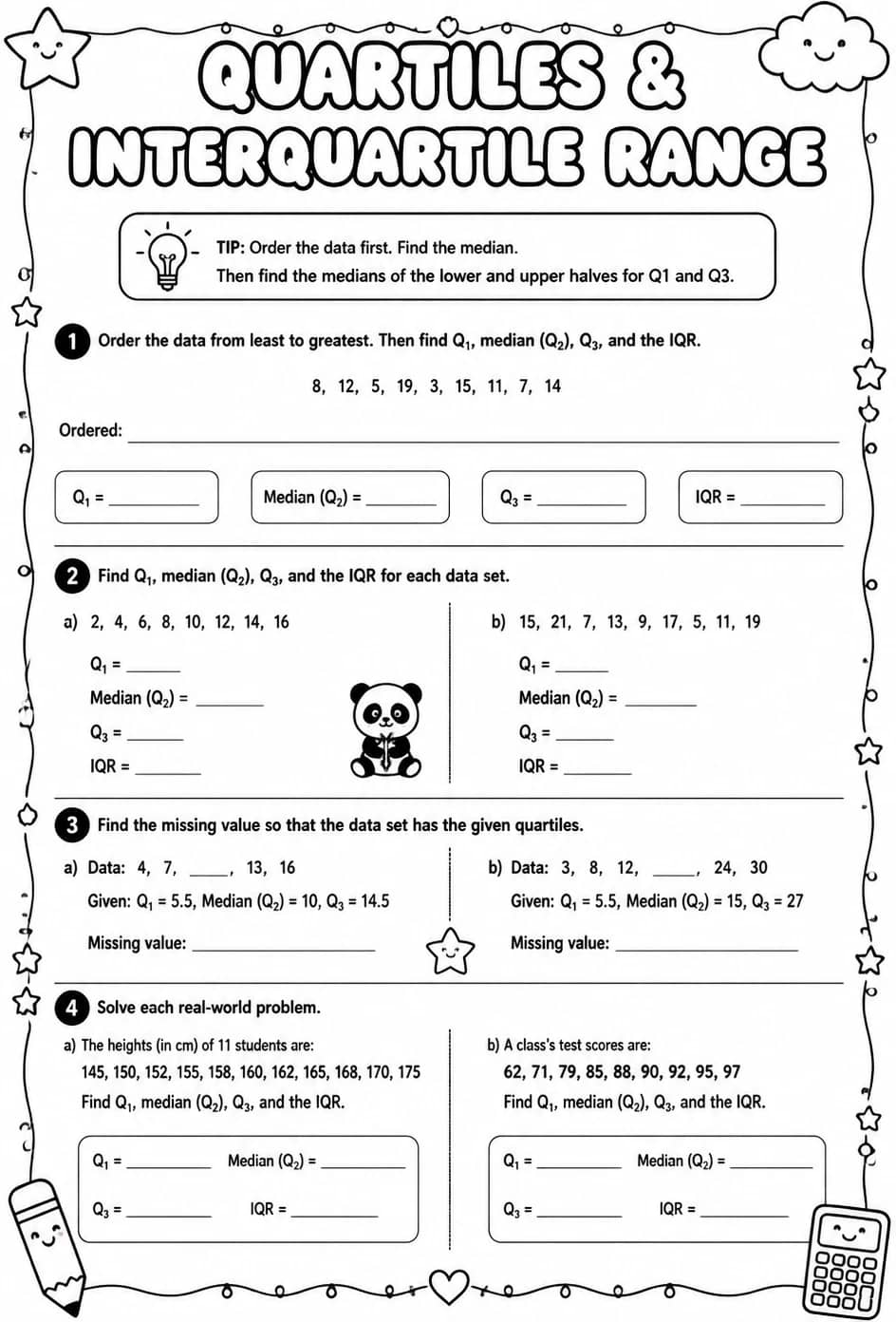 Calculate quartiles and interquartile range — free printable Algebra 1 math worksheet