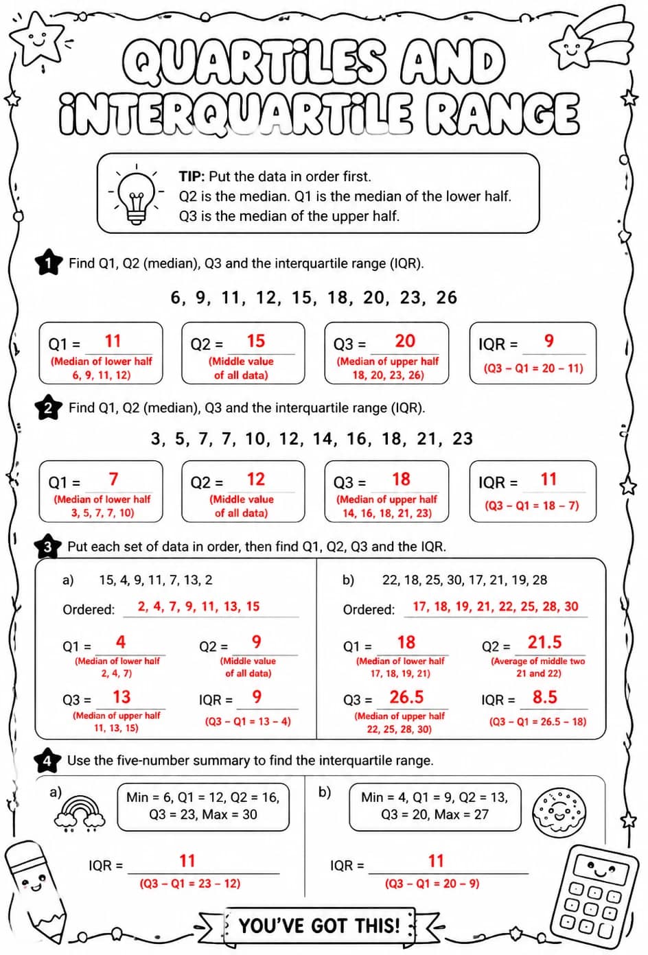 Answer key for Calculate quartiles and interquartile range — free printable Math worksheet
