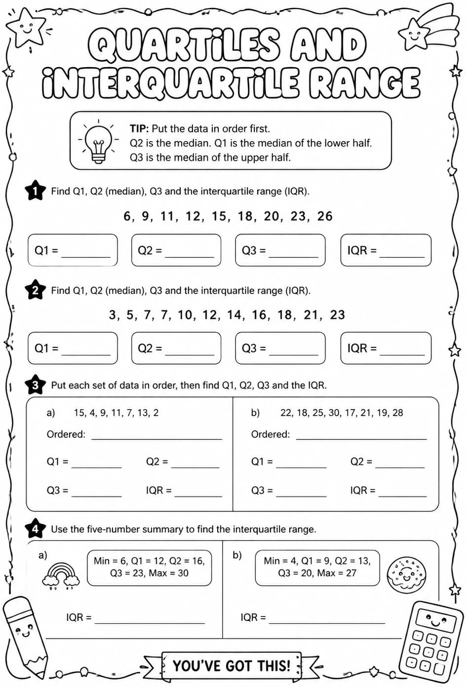 Calculate quartiles and interquartile range — free printable Grade 6 math worksheet